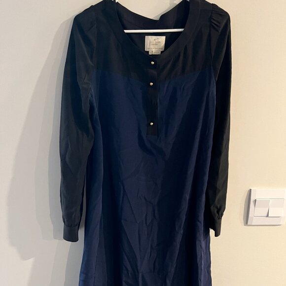 Kate Spade 100% Silk Colorblock Black Blue Popover Shift Career Dress size 8 - Picture 7 of 14